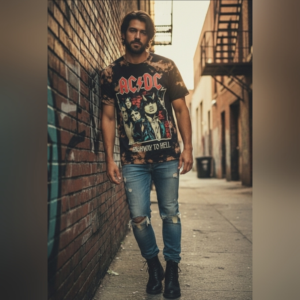 AC/DC Men's Highway To Hell Tie Dye Heavy Metal Rock T-Shirt - Size 2XL